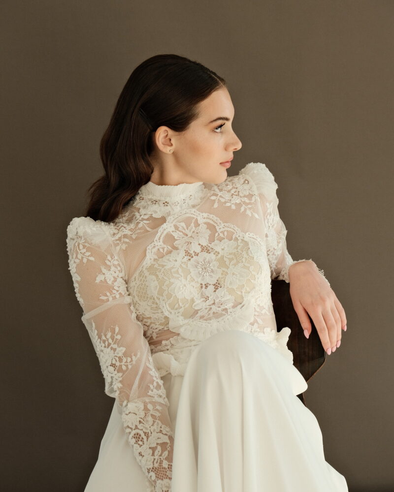 Lace wedding dress with high neckline and long sleeves, vintage couture design, Amazonian Bride Photo 05