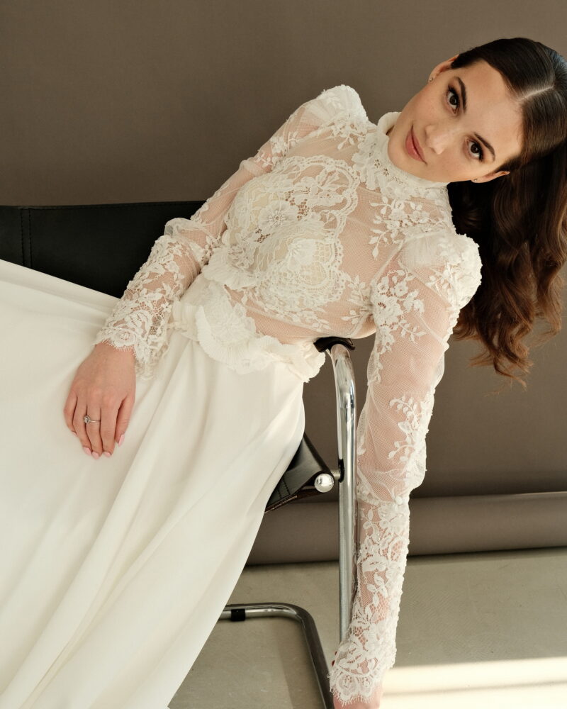 Lace wedding dress with high neckline and long sleeves, vintage couture design, Amazonian Bride Photo 06