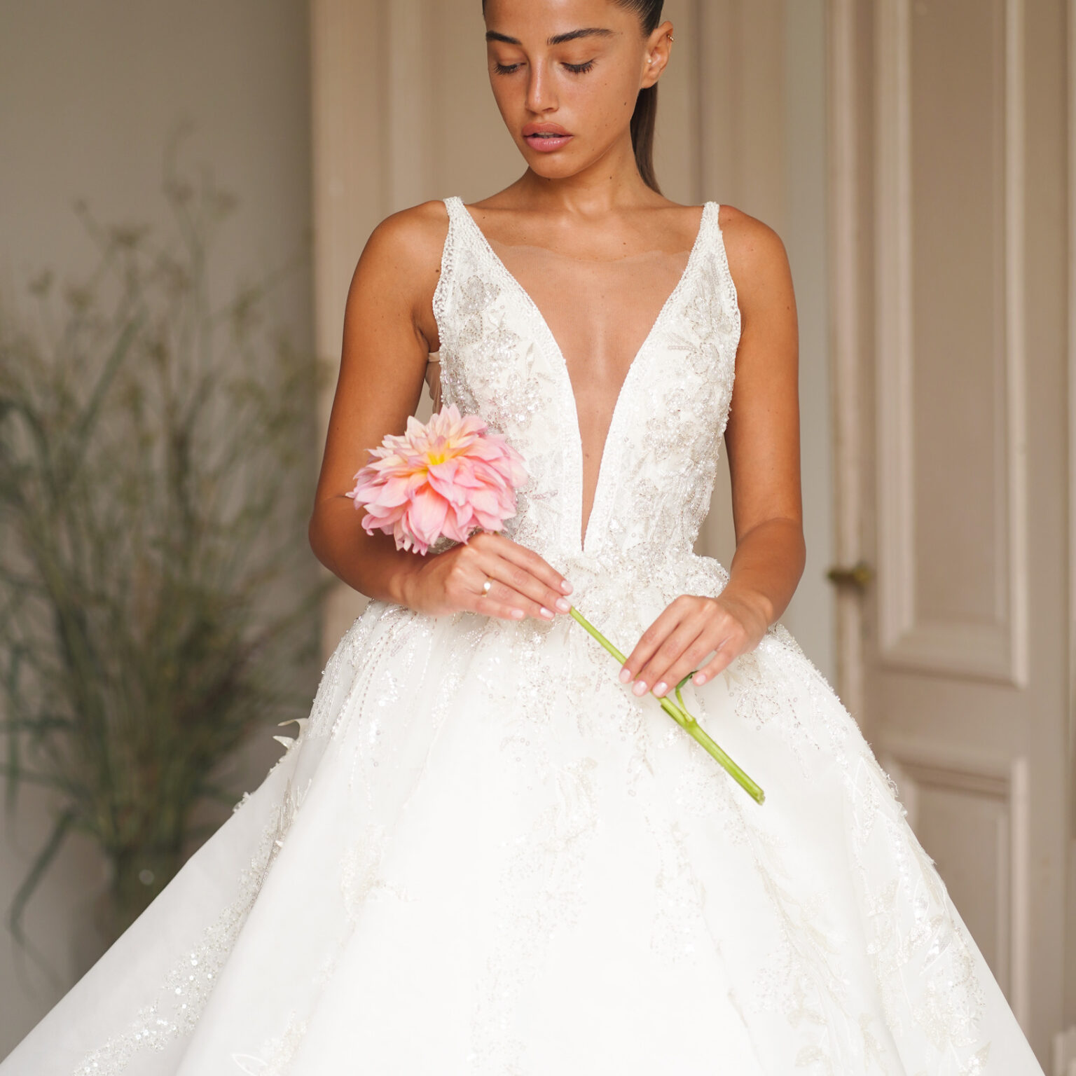 Princess ball gown wedding dress with deep V-neck and lace detailing, The Princess Cut Photo 01