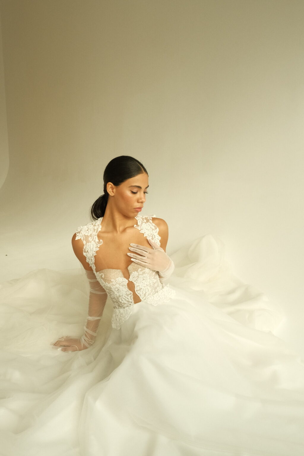 Satin and lace A-line wedding dress with sheer back, modern elegance, Modern Romance by Galogrea Photo 02