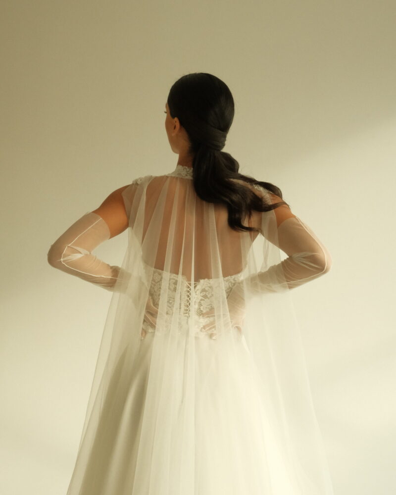 Satin and lace A-line wedding dress with sheer back, modern elegance, Modern Romance by Galogrea Photo 03