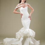 Unique mermaid wedding dress with floral straps, structured bodice, flowing train, Mermaid_s Static Photo 06