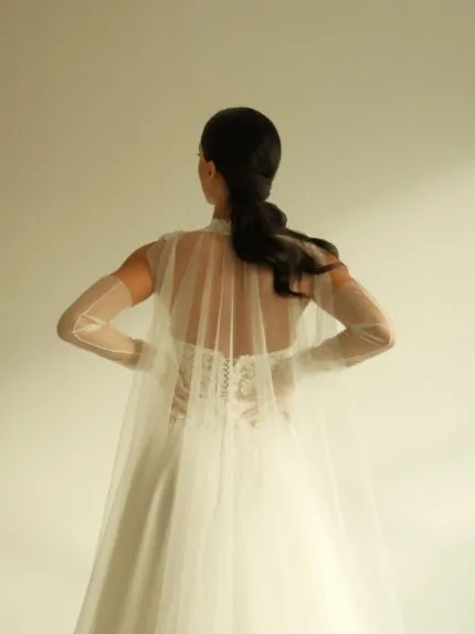 Satin and lace A-line wedding dress with sheer back, modern elegance, Modern Romance by Galogrea Photo 03